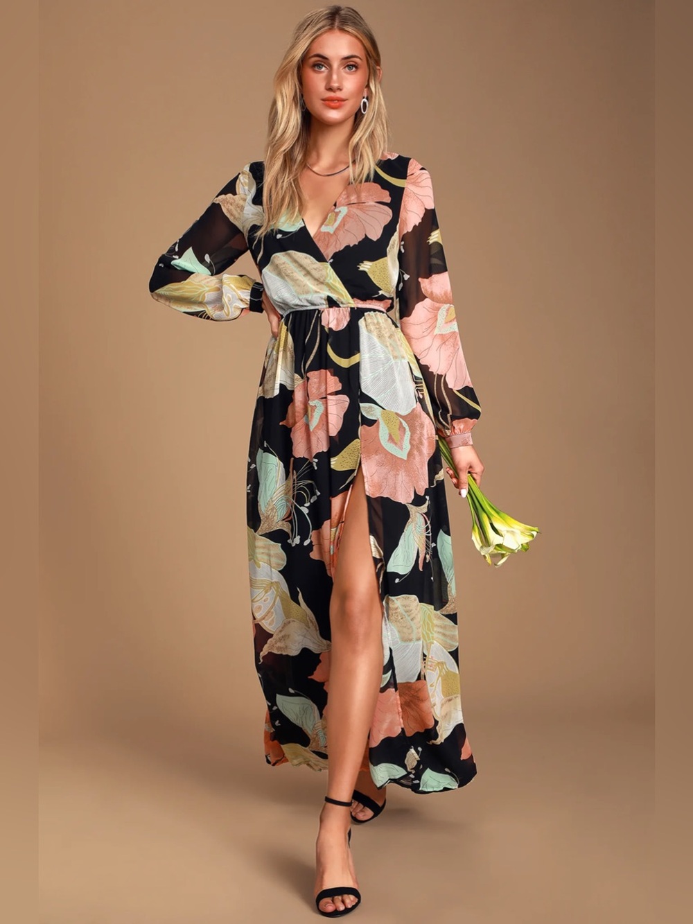 Lulu's Black Floral Wrap Maxi Dress with Peach & Sage Blooms